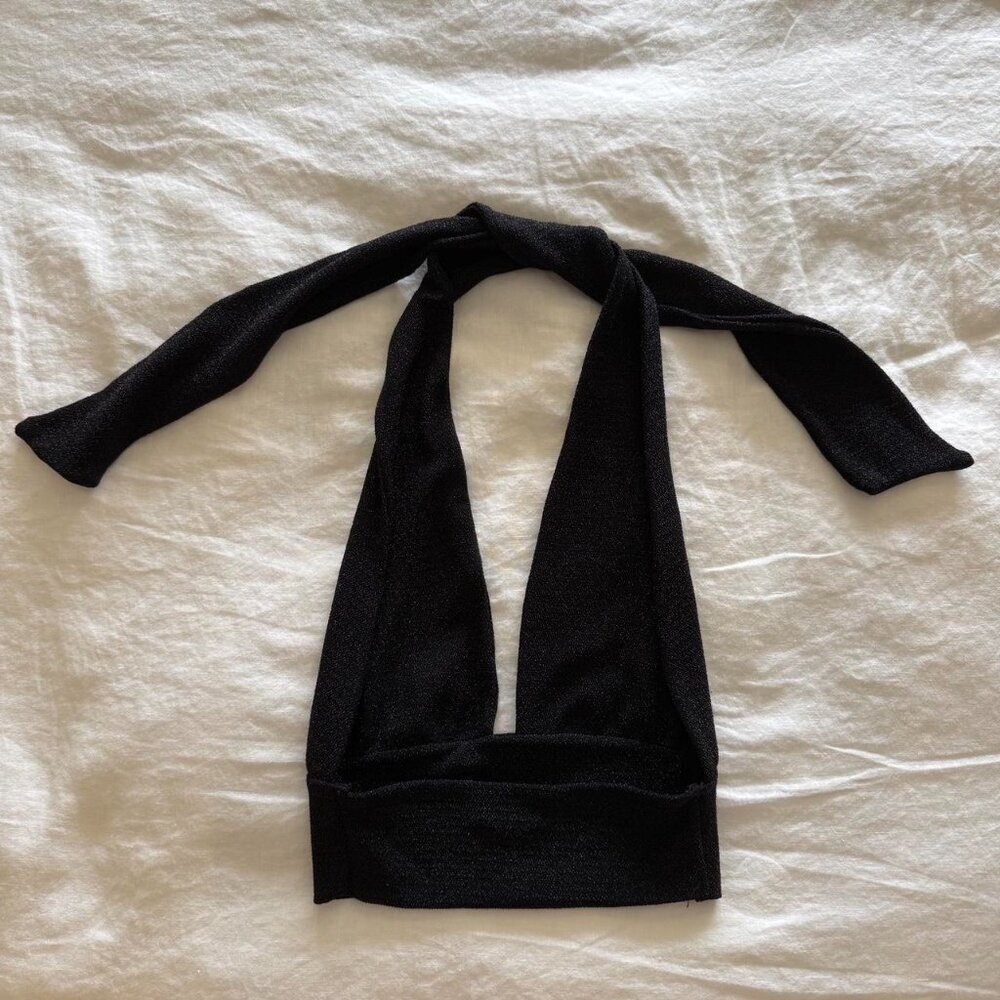 Subdued Black Shimmery Halter Tie Top Size Medium - Picture 2 of 3